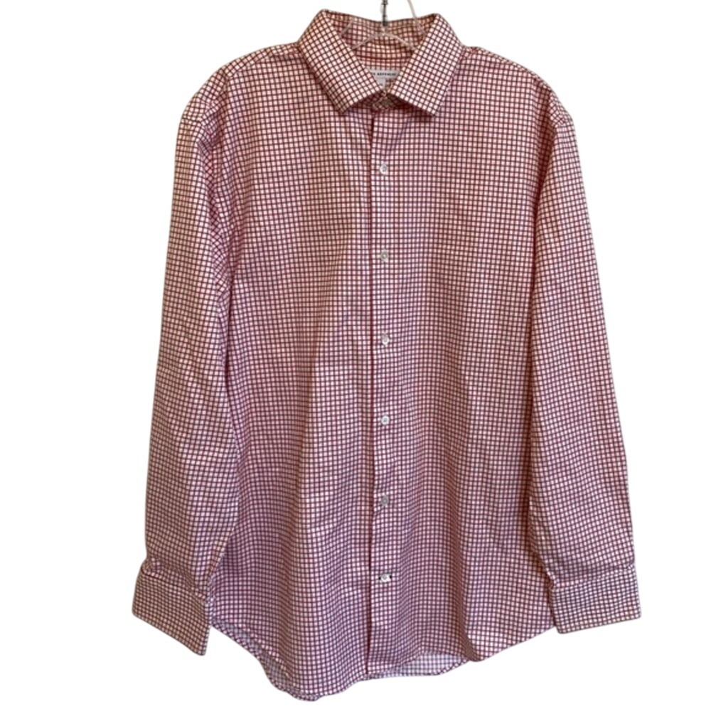 Banana Republic Men's Red White Holiday Grid Plaid Button Front Shirt 16 ½ 34 35